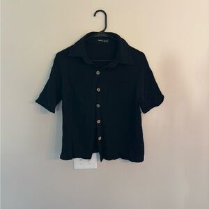 SHEIN Black Linen Button Up T-Shirt